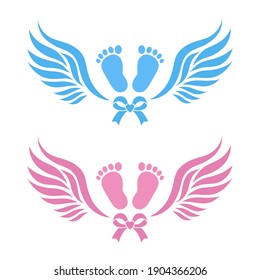 emblem footprints of a newborn baby boy and girl with wings on a white background