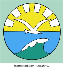 Emblem in the form of a circle the image of a white flying seagull over sea blue waves against beams of the yellow sun