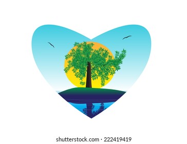An emblem in the form of heart and a landscape, a tree, the sun and birds
