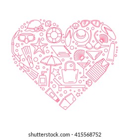 The emblem in the form of hearts on a theme of summer, sea and beach holiday. Beach accessories. Made in a linear style.