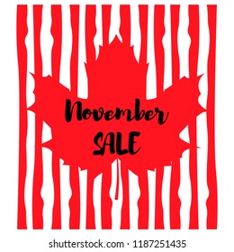 Emblem in the form of a maple leaf with a background image of a vertical line. Inscription november sale