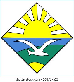 Emblem in the form of a  rhombus the image of a white flying seagull over sea blue waves against beams of the yellow sun.