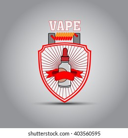 The emblem in the form of shields and spirals for electronic cigarettes, a bottle of liquid for e-cigarettes. Vector illustration