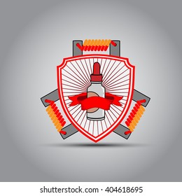 The emblem in the form of shields and spirals for electronic cigarettes, a bottle of liquid for e-cigarettes. Vector illustration
