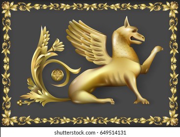 Emblem or fresco, high relief with golden gryphon. Vector graphics