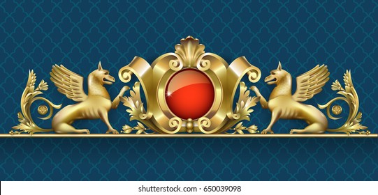 Emblem or fresco, high relief with golden gryphon. Classic ornament. Architectural element for a building, arches, windows or doors in the Baroque style. Vector graphics. Element of the cover.