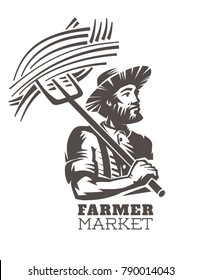 Emblem, fresh local produce. Farmer with pitchforks in hands