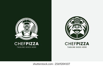 Emblem funny chef with pizza food vector illustration