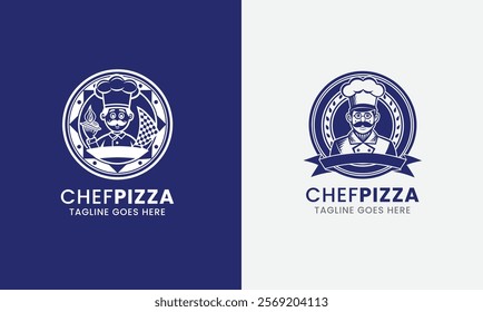 Emblem funny chef with pizza food vector illustration
