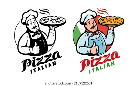 Emblem funny chef with pizza on background Italian flag. Pizzeria logo vector illustration