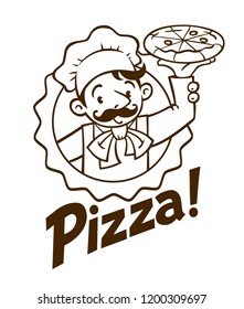 Emblem of funny cook or baker with pizza and logo