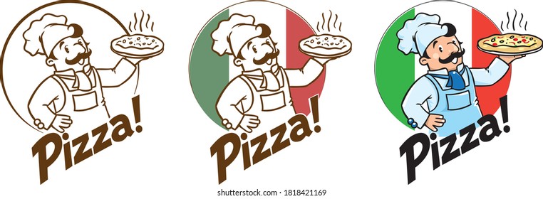 Emblema de cocinero o panadero divertido con pizza y logotipo