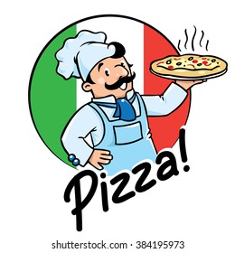 Emblem of funny cook or baker with pizza