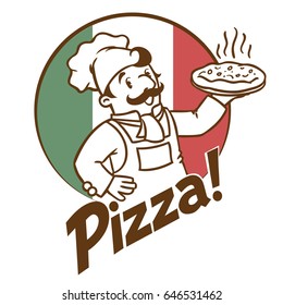 Emblem of funny cook or baker with pizza and logo