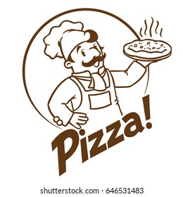 Emblem of funny cook or baker with pizza and logo