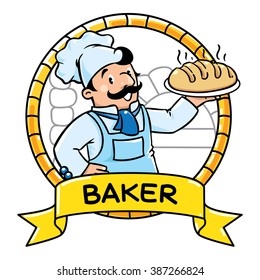 Emblem of funny cook or chef or baker with bread, in round frame with cartouche. Profession ABC series. Children vector illustration.