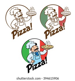 Emblem of funny cook or chef  or baker with pizza and logo on background colors of the Italian flag. Two monochrome and one fullcolor version. Children vector illustration. 