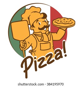 Emblem of funny cook or chef o baker with pizza