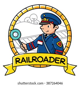 Emblem of funny railroader in uniform on railroad background in round frame with cartouche. Profession ABC series. Children vector illustration.
