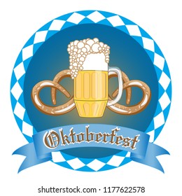 Emblem with glass of beer, two brezel, vintage ribbon and the text Beer festival Oktoberfest. Vector illustration.