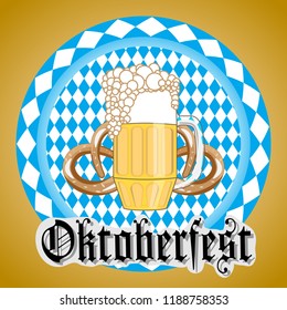 Emblem with glass of beer, two brezel and the text Beer festival Oktoberfest. Vector illustration