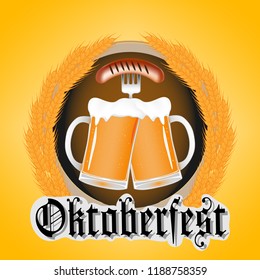 Emblem with glasses of beer, frankfurter, vintage ribbon and the text Beer festival Oktoberfest. Vector illustration