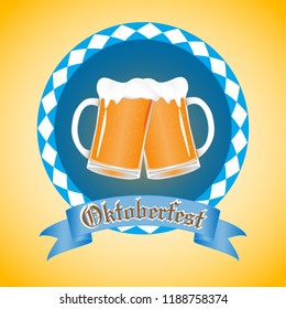 Emblem with glasses of beer, vintage ribbon and the text Beer festival Oktoberfest. Vector illustration