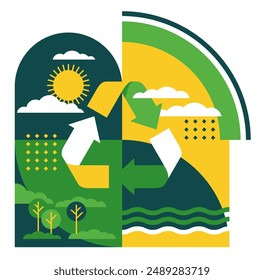 Emblem for Global Recycling Program or Strategy - triangular sign surrounded by trees, mountains, sky and sun. Simple geometric style