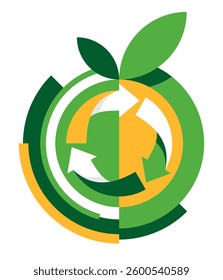 Emblem for Global Recycling Program or Strategy - triangular sign surrounded by trees, mountains, sky and sun. Geometric symmetrical style