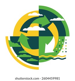 Emblem for Global Recycling Program or Strategy - triangular sign surrounded by trees, mountains, sky and sun. Geometric symmetrical style