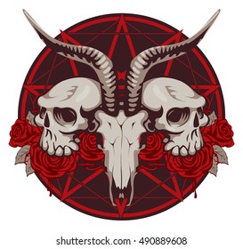 emblem with goat and human skull and roses with a pentagram