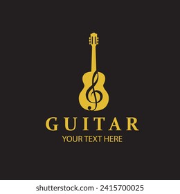 emblem of gold guitar with treble clef isolated on black background