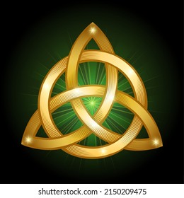 Emblem of Golden Celtic Trinity Knot isolated on black Background. Vector illustration.