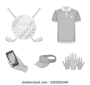 Emblem of the golf club, cap with a visor, golfer shirt, phone with a navigator.Golf club set collection icons in monochrome style vector symbol stock illustration web.