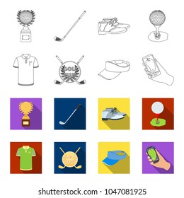 Emblem of the golf club, cap with a visor, golfer shirt, phone with a navigator.Golf club set collection icons in outline,flet style vector symbol stock illustration web.