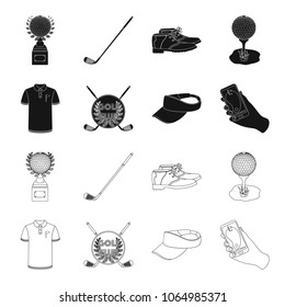 Emblem of the golf club, cap with a visor, golfer shirt, phone with a navigator.Golf club set collection icons in black,outline style vector symbol stock illustration web.