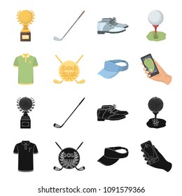 Emblem of the golf club, cap with a visor, golfer shirt, phone with a navigator.Golf club set collection icons in black,cartoon style vector symbol stock illustration web.