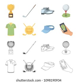 Emblem of the golf club, cap with a visor, golfer shirt, phone with a navigator.Golf club set collection icons in cartoon,outline style vector symbol stock illustration web.