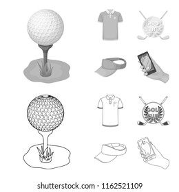 Emblem of the golf club, cap with a visor, golfer shirt, phone with a navigator.Golf club set collection icons in outline,monochrome style vector symbol stock illustration web.