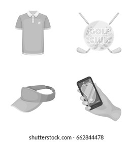 Emblem of the golf club, cap with a visor, golfer shirt, phone with a navigator.Golf club set collection icons in monochrome style vector symbol stock illustration web.