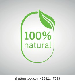 “100% natural” emblem with green leaf graphic on a light background. Eco-friendly, organic style.