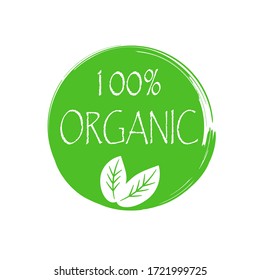 The emblem is a green round sign with the original white inscription "100% organic", with the image of white leaves. Vector illustration. Stock Photo.