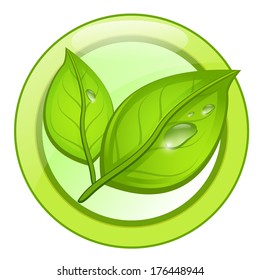 Emblem for green and safe products with two leafs with water drops on it.