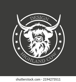 Emblem Grey and White Highland Cattle, Cow. Cute Head of Scottish Cattle Isolated on Grey Background. Written Design Highland Cow. Design Element for Logo, Poster, Card, Banner, Emblem, T shirt.Vector