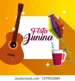 emblem with guitar and lanterns with cocktails to festival