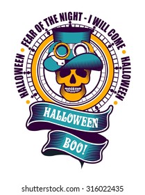 emblem of Halloween circular shape inside the skull and a sign around Halloween text in the style of steam punk