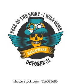 emblem of Halloween circular shape inside the skull and a sign around Halloween text  in the style of steam punk