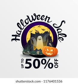 Emblem: "Halloween discount" with pumpkin Jack