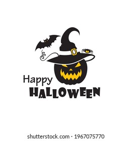 emblem of halloween pumpkin and flying bat isolated on white background