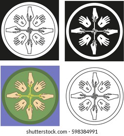 Emblem from hands, keys and keyholes. Vector illustration.